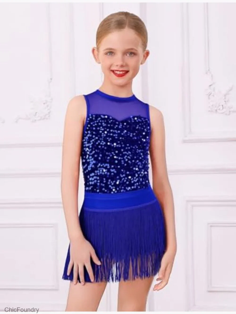 2PCS Girls Sequin Fringe Bodysuit & Tassel Skirt Dance Outfit